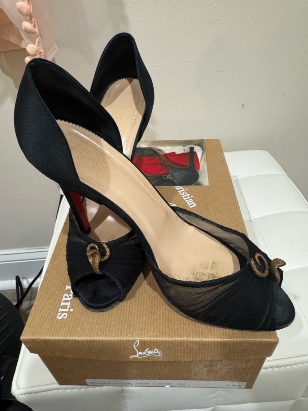 Christian Louboutin 38.5 Black Satin Open-Toe Heels with Snake Accent